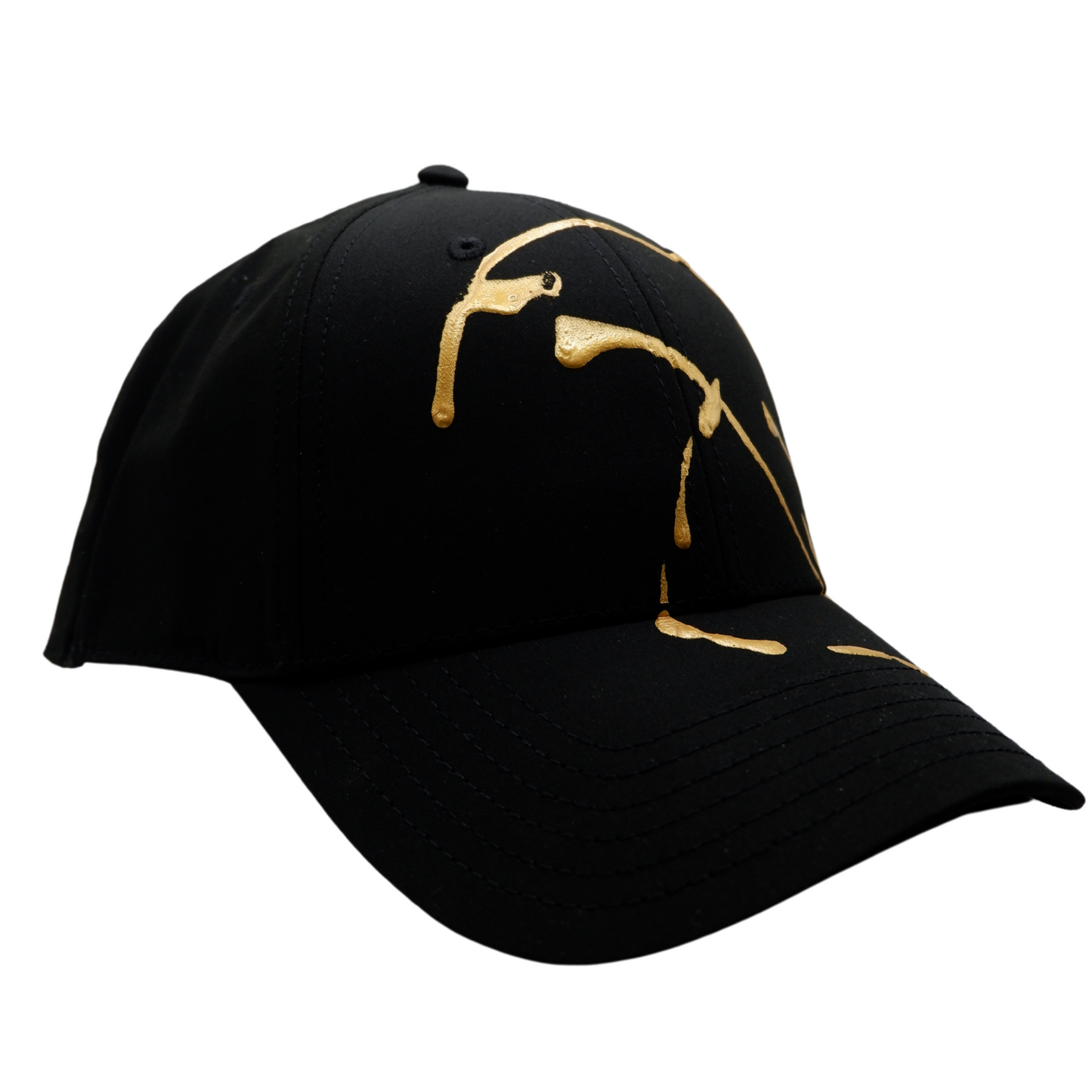Hand-Painted Abstract Art Black Hat with Gold